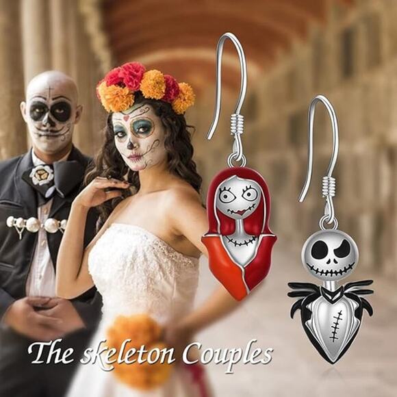 Jack Skellington And Sally Earrings Sterling Silver Skull Nightmare Earrings - Picture 4 of 5